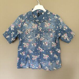 Vintage Y2K Denim Floral Pearl Snap Shirt Top Women XL Cottagecore Cowgirl Weste